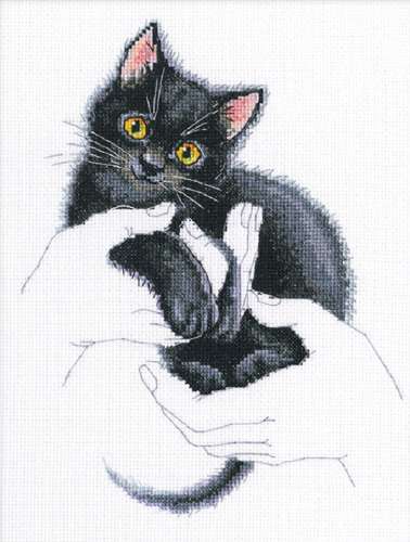 Kreuzstichpackung 16,5x21,5cm - Wärme in den Händen - schwarze Katze