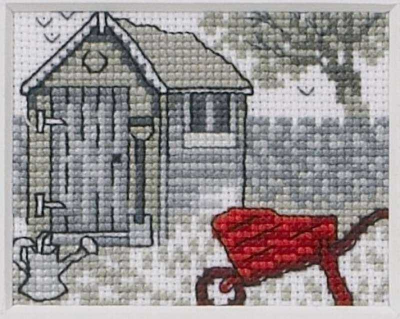 Auslauf Kreuzstichpackung 15x14cm - roter Schubkarren
