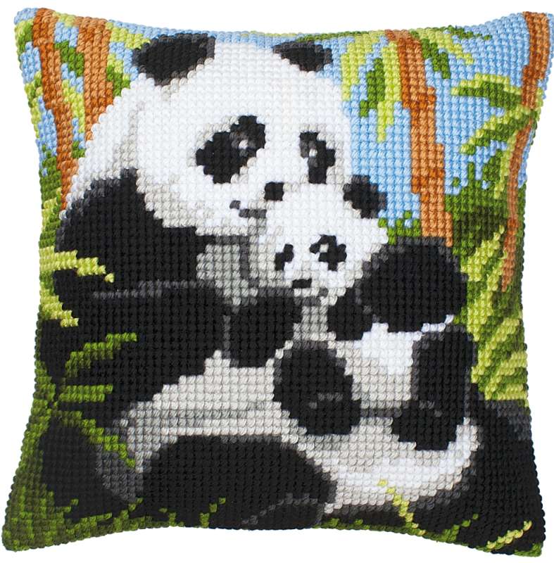 Kreuzstichkissen 40x40cm - Panda mit Nachwuchs
