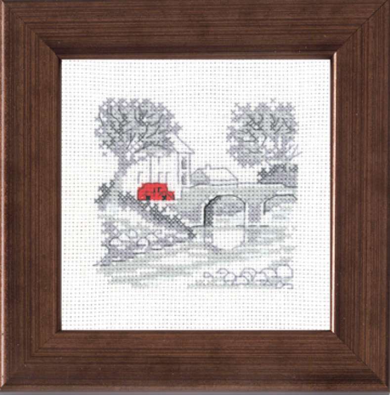 Auslauf-Kreuzstichpackung 9x9cm - rotes Auto an Brücke