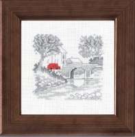 Auslauf-Kreuzstichpackung 9x9cm - rotes Auto an Brücke